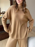 Women Knitted Suit Warm Solid Split Pullovers and Wide Pants Two-piece Suit Female Half Turtleneck Oversize Tracksuit-Outfit