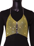 Women Trendy Shiny Rhinestone Crop Top Glitter Crystal Mesh Fishnet See Through Backless Tank Top for Women Y2K Halter