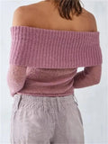 Sexy Women Knitted See Through Sweaters Crop Tops Off Shoulder Solid Long Sleeve Cropped Pullovers Slash Neck Jumpers-Outfit