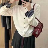Fongt Patch Stitching Fake Two Cardigan Female 2024 New Single Breasted Thin Bottom Sweater Coat Female-Outfit