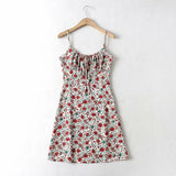 Summer Brown Floral Print Backless Sling Dress Summer Woman Adjust Spaghetti Strap Short Dresses Beach Holiday