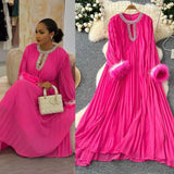 Fongt 2025 New Elegant Solid Dress Round Collared Loose Hair Splicing 100 Folding Long Dress