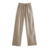 Women Simply Solid Green Color Pockets Casual Straight Pants Female Chic Elastic Waist Lace Up Summer Long Trousers