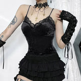 Summer's New Sexy Spicy Girls' Spliced Blouse Women's Dark Velvet Lace Lace Halter Top-Outfit
