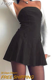 Women Strapless Off Shoulder Tube Short Mini Dress Summer Solid Color Bodycon Black Pleated Dress Female Vestido