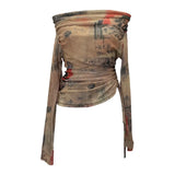 Vintage Graffiti-Printed Shoulder-Threin Mesh Long-Sleeved Blouse Side Drawstring Tethered With Slime T-Shirt