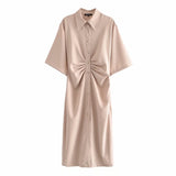 2022 Short Sleeve Summer New Women Fold Mini Dress Retro Slim Elastic Button Pleated Shirt Lapel