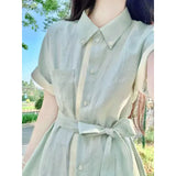 Fongt Bumpy Linen Shirt Dress Women's Summer Languid Temperament High-Sense Tie With Shirt Collar Long Skirt