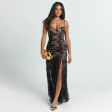 Fongt Sexy Lace Splicing Chest-Shaped Folding Sling Dress With Hottie Open Fork Mesh Dress
