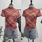 Real Shooting Sweet Cool Hottie Slim Slimming Vintage Lattice Short-Sleeved T-Shirt Small Neck Folding Thin Top