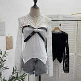 Fongt Shooting Babes V-Neck Lace Lace Splicing Belt Long Sleeve Design Irregular Short Bottom Top 2752