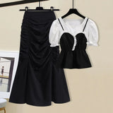 Women Summer French Vintage Two Pieces Set Korean Puff Sleeve Fake Two Piece Patchwork Tops And Draped Bodycon Mermaid Skirt