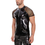 Fongt Men's PVC Bright Leather Jacket, Sexy Slim Short Sleeve Leather Jacket Size Accurate No Smell-Outfit