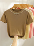 Knitted T-shirt Women Top Solid Tank Y2K Summer New Fashion Female Sleeveless Beading Casual Thin Tops 2024-Outfit