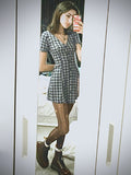 Fongt Women's Temperament Lattice V-Neck Thin Buckle Short Sleeve A-Character Dress Short 2025