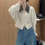 Fongt Goods Sweater Coat Women's Leather POLO Collar Stitching Knit Cardigan Zipper Lazy Wind 2024 Autumn / Winter New Top-Outfit