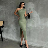 Fongt Summer New Oblique Shoulder Solid Color Open Slit Sleeveless Sexy Temperament Slim Dress