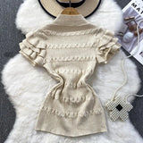 Ruffles Short Sleeve Buttons Sweater Jumpers Girls Stretchy Chic Sweaters Pullovers Tops Women Knitted Tee Shirts-Outfit