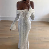 Fongt Women's Dress 2025 New Fashion Elegant Sexy One-Word Shoulder Lace Dress