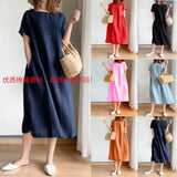 Fongt New Leisure Spring And Summer Loose Skirt Short Sleeve Round Neck Solid Cotton Linen Dress