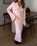 Fongt And Winter Solid Color Overturned Sweater Suit Female Horn Sleeve Temperament Knitted Polo Skirt Two-Piece