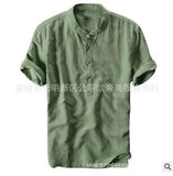 Fongt Summer Travel Holiday Men's Leisure Simple Small Fresh Linen Shirt Thin Solid Color Short-Sleeved Leisure