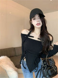 Girl One-line Shoulder Neck Long Sleeve T-shirt Tight Irregular Drawstring Slimming Top Base Shirt-Outfit
