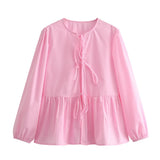 New Bow Knot Lock Color Loose Casual Shirt Blouse-Outfit