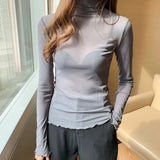 2024 Spring Summer Women's Sexy See Through Mesh Blouse Long Sleeve Transparent Turtleneck Shirt Fashion Women Tops-Outfit