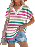 Fongt New Women's Dress Casual Round Neck Striped Multi-Color Short-Sleeved Overseas Hot T-Singing T-Shirt