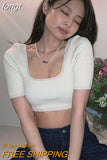 Top White Top Women Short Sleeve Tees Summer Clothes Slim Square Neck T-Shirt Knit Top Sexy Solid Streetwear Y2K Crop