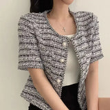 Chic O-neck Double Pockets Coat Women Summer Pearl Button Breasted Jackets Loose Short Sleeve Tweed Jacket-Outfit