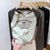 Shoulder V-Collar T-Shirt Women's Long-Sleeved Spring And Autumn Decoration With Threaded Bottomed Shirt And Short High-Waist Chic
