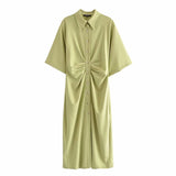 2022 Short Sleeve Summer New Women Fold Mini Dress Retro Slim Elastic Button Pleated Shirt Lapel