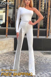 2023 New White Women's One Shoulder Long Sleeve Bandage Jumpsuit Sexy Hollow Skinny Celebrity Party Jumpsuit
