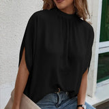 Vintage Leopard Print Shirt Elegant Summer Blouse Lace-Up Batwing Short Sleeve Loose Casual Stand Collar Fashion Tops
