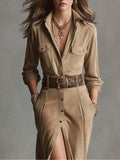 Fongt Autumn And Winter 2025 Autumn And Winter Velvet Temperament Buckle Shirt Collar Long Dress With Belt