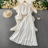 Fongt Style Pink Three-Dimensional Flower Collar Lantern Sleeve Shirt Lady Autumn High-Rise Dress Set