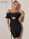 Celebrity Mini Black Ruffles Bandage Dress Outfits Sexy Hollow Out Off Shoulder Short Sleeve Evening Club Party Lady