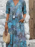 Fongt Fashion New Printed Lace V-Neck Short-Sleeved Dress