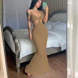 Sleeveless Slips Backless Solid Hollow Out Sexy Elegant Maxi Prom Dress Summer Bodycon Birthday Party Clothes Wholesale-Outfit