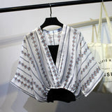 Two Piece Set Striped Chiffon Grid Summer Half Sleeve Loose V-Neck Floral Spring Cool Blouses Sweet Ladies Short Tops