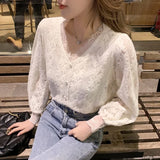 4XL New Lace Blouse Women Korean Hollow Out V Neck Long Sleeve Shirt Ladies Spring Crochet Lace Solid Tops Blusa