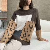 Fongt Leopard-Print Spliced Sweater Female Soft Thick Sheep Velvet Long Sleeve Knitted Tops In Wind