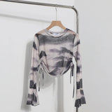 Solid Shot Tie Dyed Mesh Yarn Small Lequine Horn Long Sleeve Thin T-Shirt Drawstring With Short Repair Body Coat