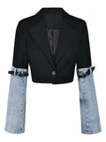 2024 Autumn New Fashion Women's Denim Patchwork Blazer Notched Collar Single Button Long Sleeve Short Suit Jackets TH5165-Outfit
