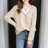Solid Color Knitted T-shirt Button Female Clothing Korean Spring Autumn Fake Two Pieces Spliced Casual V-Neck Pullovers-Outfit