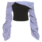Fongt Women's Clothing 2025 Summer New Fashion Stripe Bumped A Word Shoulder-To-Shoulder Repair Slim Thin Long-Sleeved Top Lady
