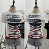 Fongt Rock Gothic 2025 Summer Dress Hole Design Feel Short-Sleeved Printed T-Shirt 26961
