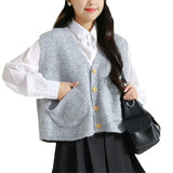 Version 2024V Neckline Knitted Vest Cardigan Woman Sleeveless Folding Woman Wearing A Wide Range Of Jackets With Loose Pockets-Outfit